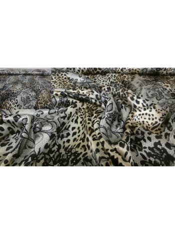 SATIN STOFF LEOPARD BLUMEN DRUCK - Schwarz/Braun/Beige